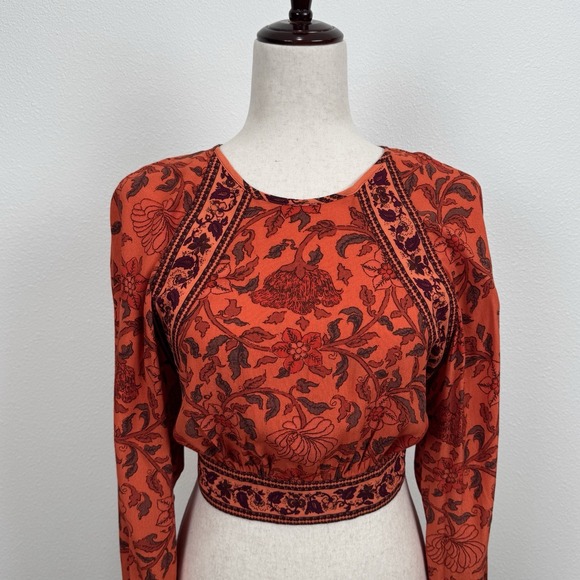 Urban Outfitters Top Womens S Orange Floral Cropped Bell Sleeve Indie Boho Fall - Picture 2 of 12